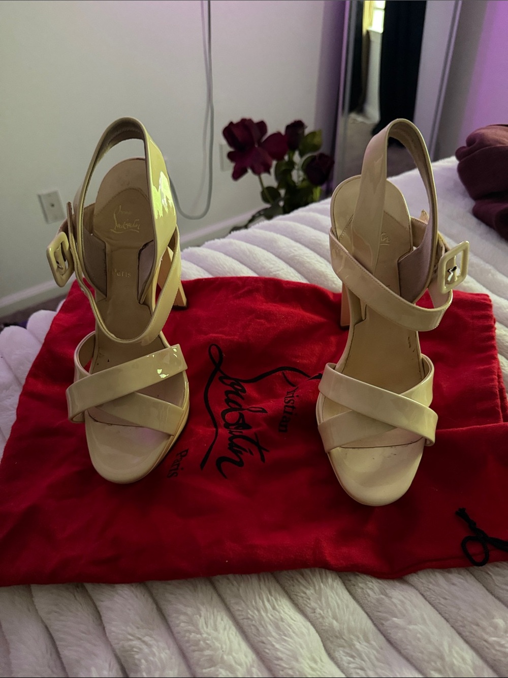 Christian Louboutin Cream Patent Leather Cross-Strap Slingback Heels